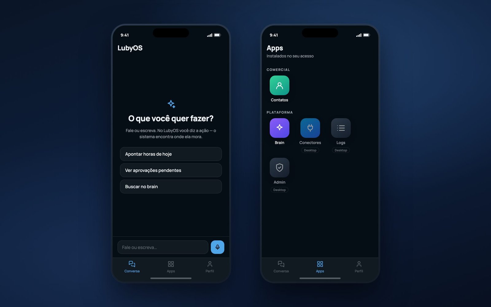 O LubyOS Mobile em dois aparelhos: à esquerda a conversa, com sugestões de ação e o campo de fala ou escrita; à direita a grade de aplicativos agrupada por categoria, com selo Desktop nos que ainda não têm versão mobile.